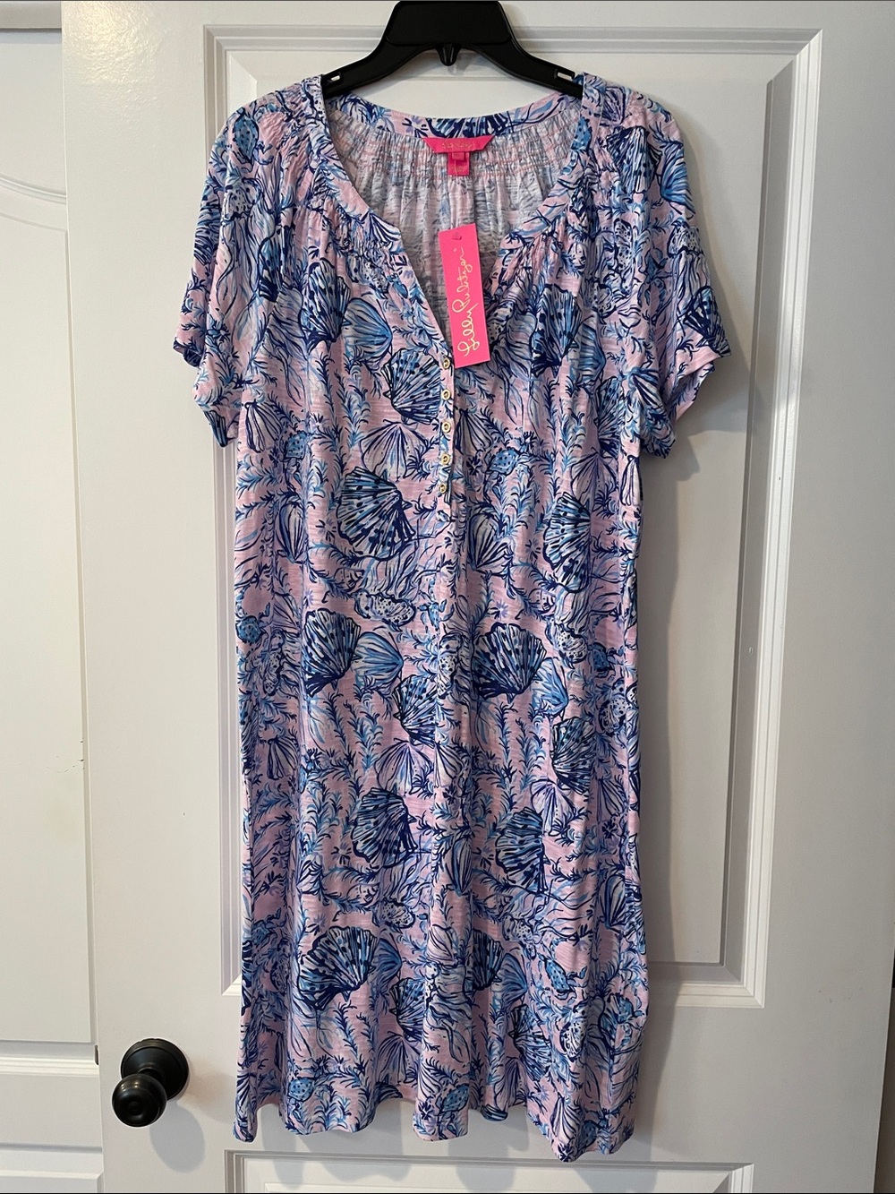 Pink & Blue Floral midi dress with Shell Print